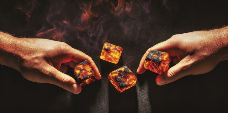 A concept illustration of scorching charcoal. Dice, or devil's bones, made of hot coal. Heat. Charcoal grill. Temperature. Burn. Surrealistic image of hands holding hot coals, charcoal. Flame. Smoke