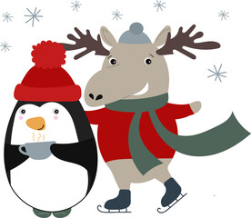 christmas penguin and reindeer vector illustration. cute cartoon moose and penguin in winter. winter animals illustration. hand drawn holiday animal llustration for kids