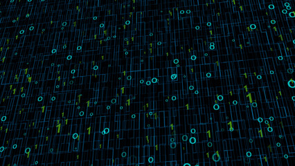 Binary code black and blue background with digits moving on screen, Algorithm binary, data code