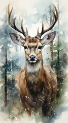 A painting of a deer in the woods.