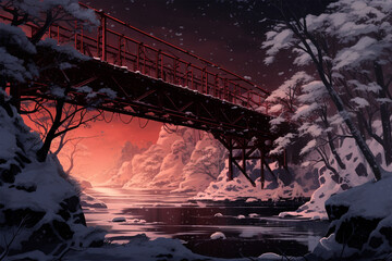 illustration of a view of a snow-covered bridge