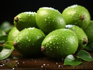 Fresh Feijoa Fruit with Water Drops Isolated on Black Background. Acca Sellowiana