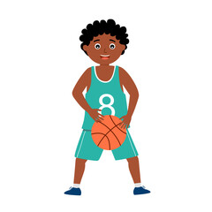 Cute African black boy playing basketball in flat design on white background.