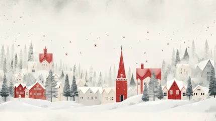 Tuinposter Scandinavian Christmas card. Folk art illustration of a decorated festive European town © kasha_malasha