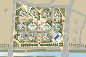 Architectural illustration of a modern apartment complex layout with a garden, play area, relaxation area and gym area.