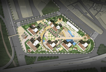 Architectural illustration of a modern apartment complex layout with a garden, play area, relaxation area and gym area.