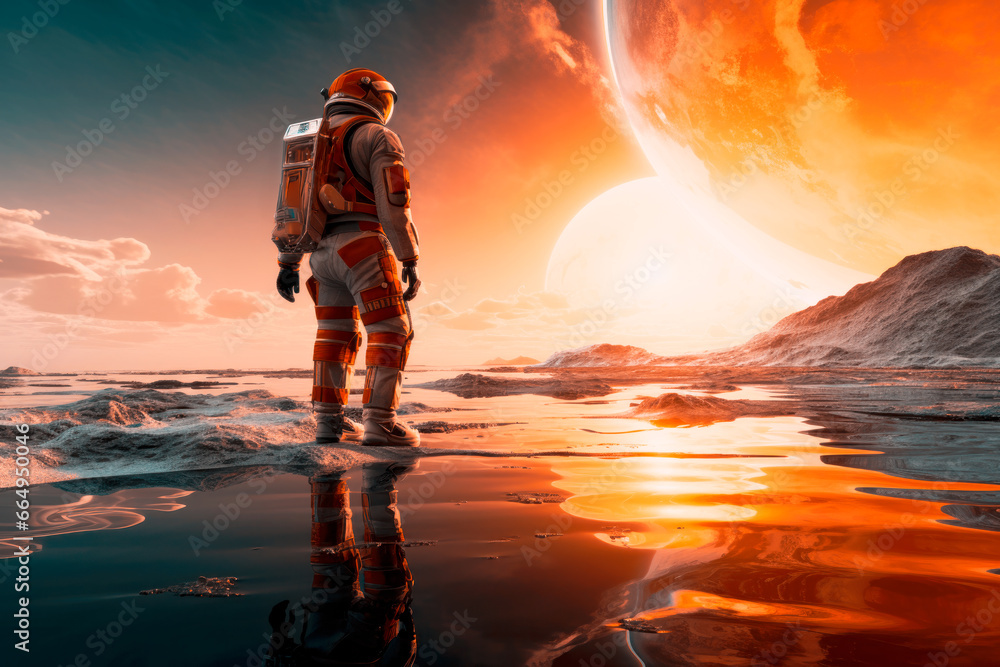 Wall mural rear view astronaut walking on mars with planets in the background