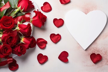 Fototapeta na wymiar Romantic Setup with Roses, Chocolate, Hearts, and Love Letter
