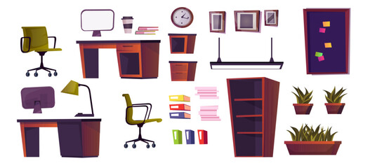 Set of office furniture, room interior equipment. Collection of desk, computer, armchair, board, clocks, folders, locker, lamp. Workspace concept. Isolated on white background. Vector illustration