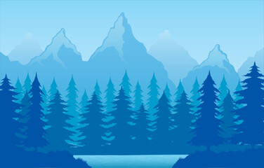 Vector illustration of beautiful mountains, pine forrest and a lake