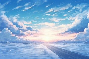 illustration of a view of a snow-covered highway