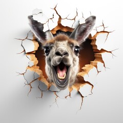 A llama sticking its head out of a hole in a wall - obrazy, fototapety, plakaty