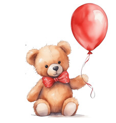 Watercolor cute bear with red shiny balloon isolated on transparent background.