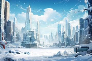 illustration of a city view covered in snow