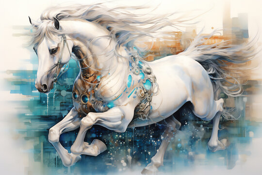 Watercolour abstract horse painting of a white equine animal running which could be used as a poster or flyer, computer Generative AI stock illustration image
