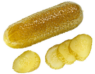 Pickled cucumber and sliced pieces isolated on a transparent background. Top view.