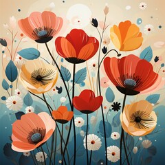 Beautiful and Cute Flowers Illustration with Vintage and Bauhaus Color Style