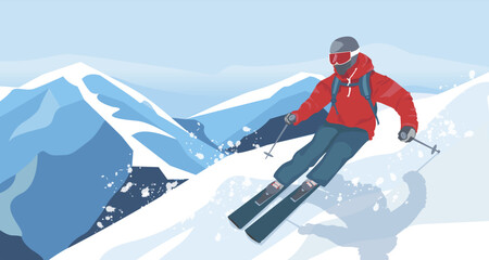 Skier in red jacket. Extreme freestyle downhill on snowy slope. Active winter sport. Picturesque landscape, ski season, outdoor vacation, memorable resort. Concept of recreation. Vector illustration