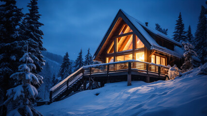 Cottage in the mountains at night. Beautiful winter landscape with wooden house.