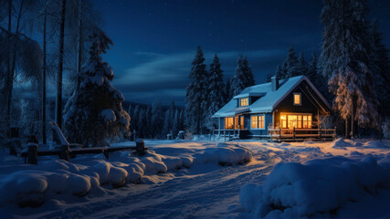 Winter night landscape with wooden house in the forest.