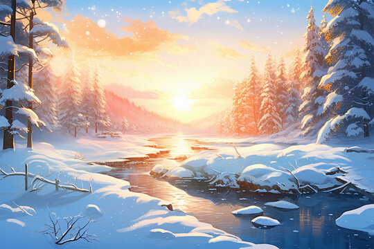 illustration of a sunrise view during winter