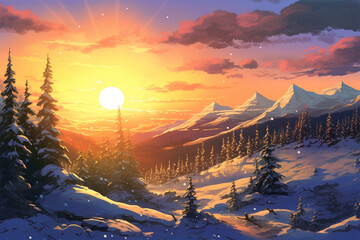 illustration of a sunrise view during winter - obrazy, fototapety, plakaty