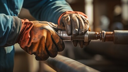 A man's hand, clad in a protective glove, expertly operates a wrench on a pipe. - obrazy, fototapety, plakaty