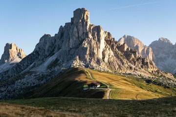 Scenic view of rocky mountains at golden hour