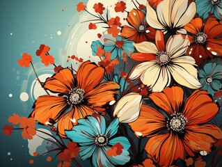 Blooming Flowers Illustration in Retro Comic Art Style