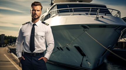 confident captain standing in front of a luxury yacht. The captain exudes a sense of professionalism and expertise, with the impressive yacht in the background.