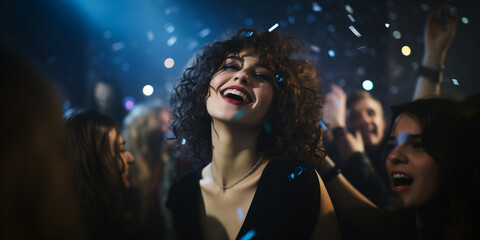 A girl dancing ecstatically in a crowd at a nightclub on New Year's Eve