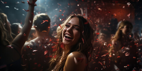 A girl dancing ecstatically in a crowd at a nightclub on New Year's Eve