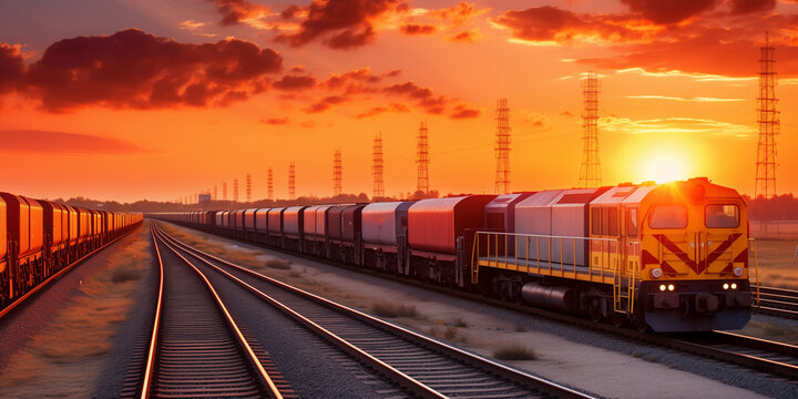A freight train carries containers at sunset.