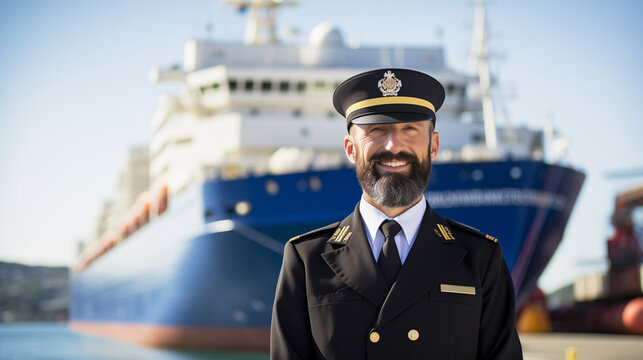 A confident captain stands in front of his cargo ship, ready for a long journey. He is determined to deliver a valuable cargo of goods quickly and safely.