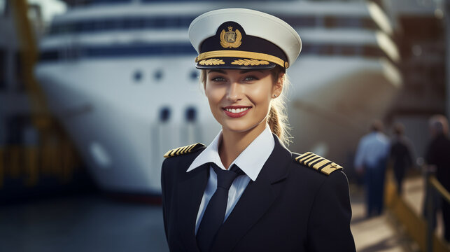 confident captain woman standing in front of a luxury yacht. The captain exudes a sense of professionalism and expertise, with the impressive yacht in the background.