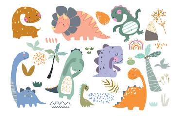 Cute colorful dino, kids pattern in pastel colors, plants, flowers, eggs,  spots, grunge. Vector illustration. Doodle	
