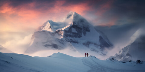 Two climbers set off on a climb against a backdrop of winter mountains at sunset.