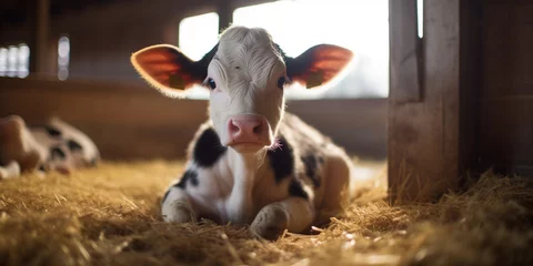 Fotobehang In the nursery of a dairy farm, a young cow calf finds comfort and care. Surrounded by a nurturing environment, it grows under the watchful eyes of the farmers. © sandsun