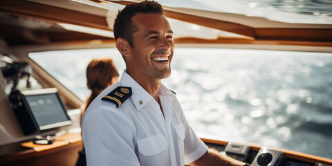 The jovial captain of the luxury yacht greets passengers with a warm smile - obrazy, fototapety, plakaty