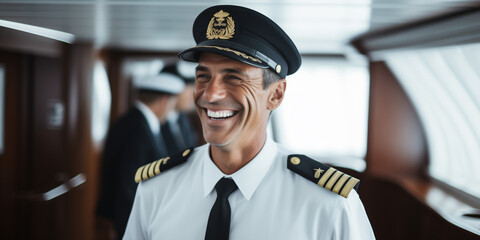 The jovial captain of the luxury yacht greets passengers with a warm smile