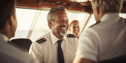 The jovial captain of the luxury yacht greets passengers with a warm smile - obrazy, fototapety, plakaty