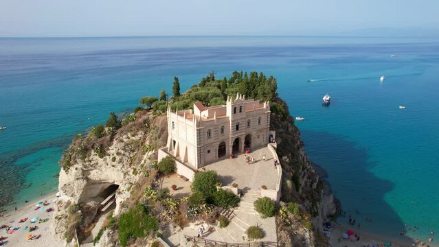 Tropea - Italy - Aerial view around the medieval Byzantine pilgrimage church on a steep rock overlooking the sea.