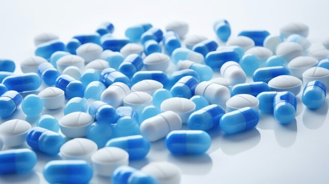 Blue and white capsule pills scattered on a white background with shadows and space for text.