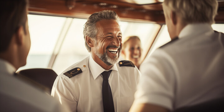 The jovial captain of the luxury yacht greets passengers with a warm smile
