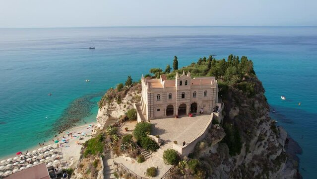 Tropea - Italy - Aerial view around the medieval Byzantine pilgrimage church on a steep rock overlooking the sea.