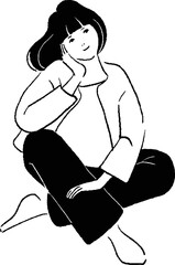 胡坐をかいている女性の線画ベクターイラスト