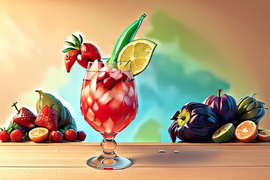 Fresh colorful cocktail with fruit on table generated by AI