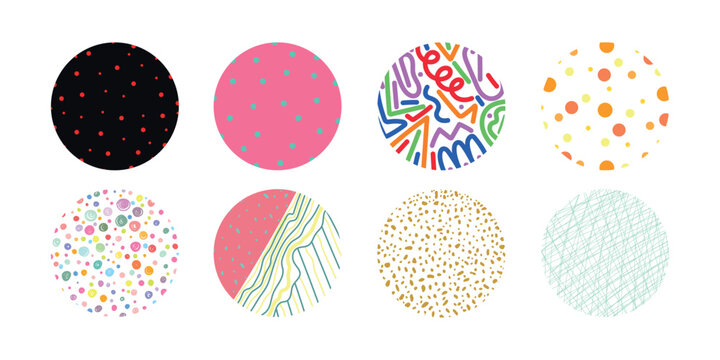 Set of round abstract colorful backgrounds or patterns. Drawn doodle shapes. Spots, drops, curves, lines. Modern fashion vector illustration. Posters, icon templates for social networks