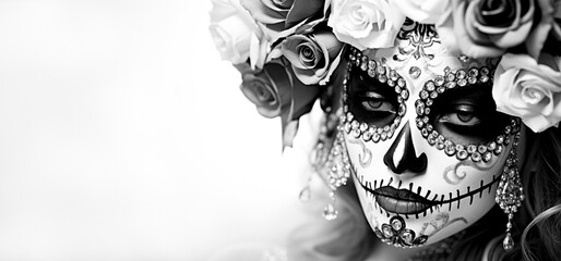 Day Of The Dead (Dia De Los Muertos). Black And White Portrait Of A La Calavera Beautiful Woman With Traditional Face Paint Makeup With Copy Space. Ai Generated