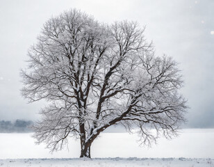 Tree in snow during winter. Branches laden with snow. 